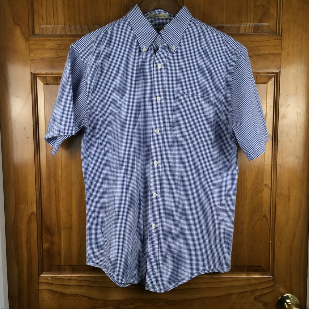 LL Bean Mens Blue Gingham Short Sleeve Button Down Shirt Traditional Fit M